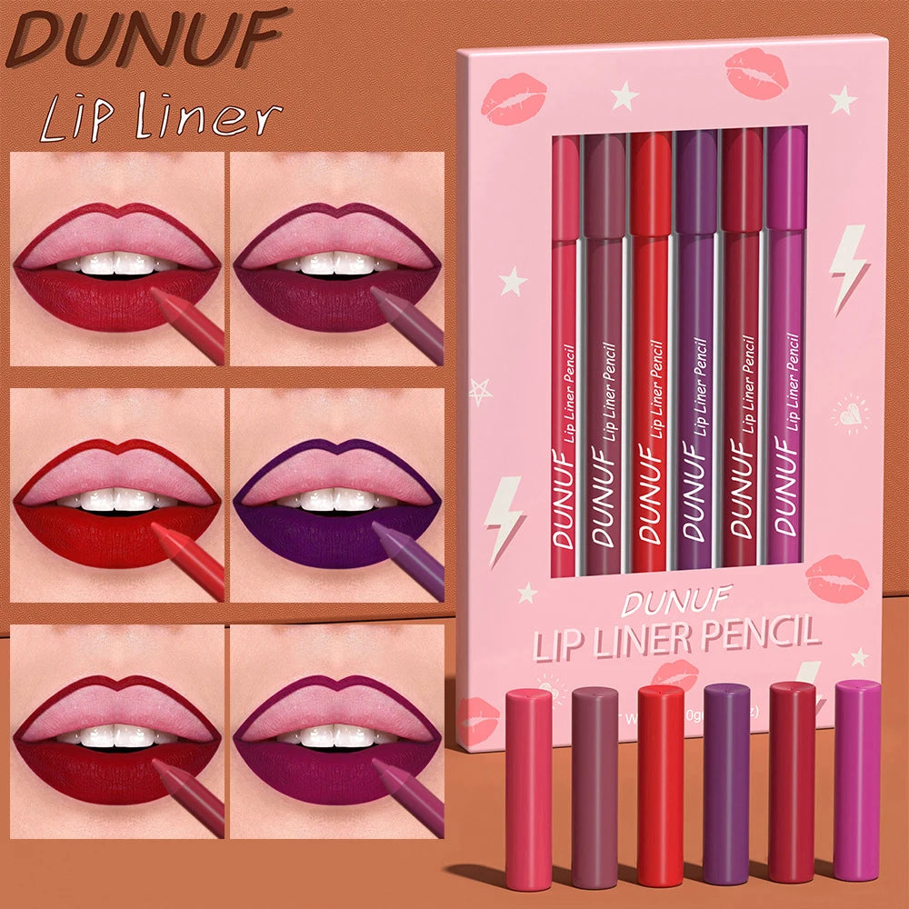 DUNUF 6Pcs Waterproof Matte Lip Liner Set for Long-lasting Lips