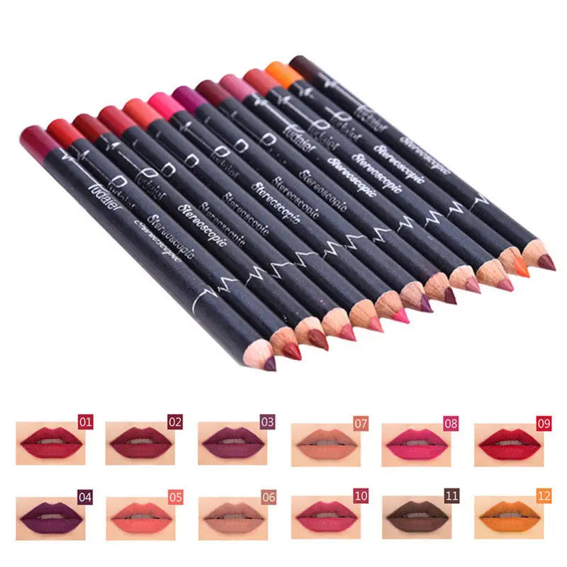12Pcs/Set Waterproof Pencil Lipstick Set Pen Matte Lip Liner - LIPOXI