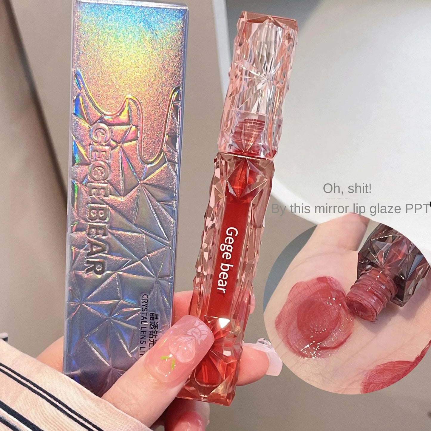 Gegebear Crystal Transparent Drilling Mirror Lip Glaze Long Lasting - LIPOXI