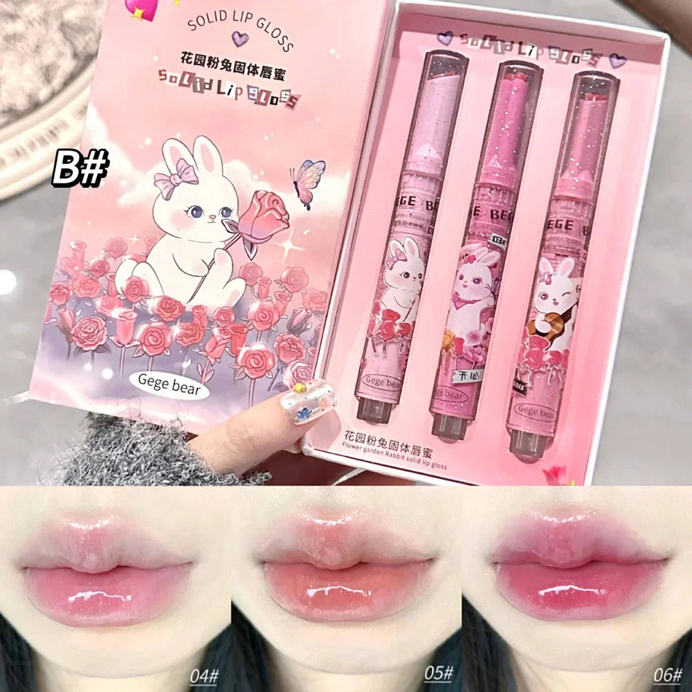 Solid Lip Gloss Gege Bear Garden Pink Rabbit 3Pcs Set - LIPOXI