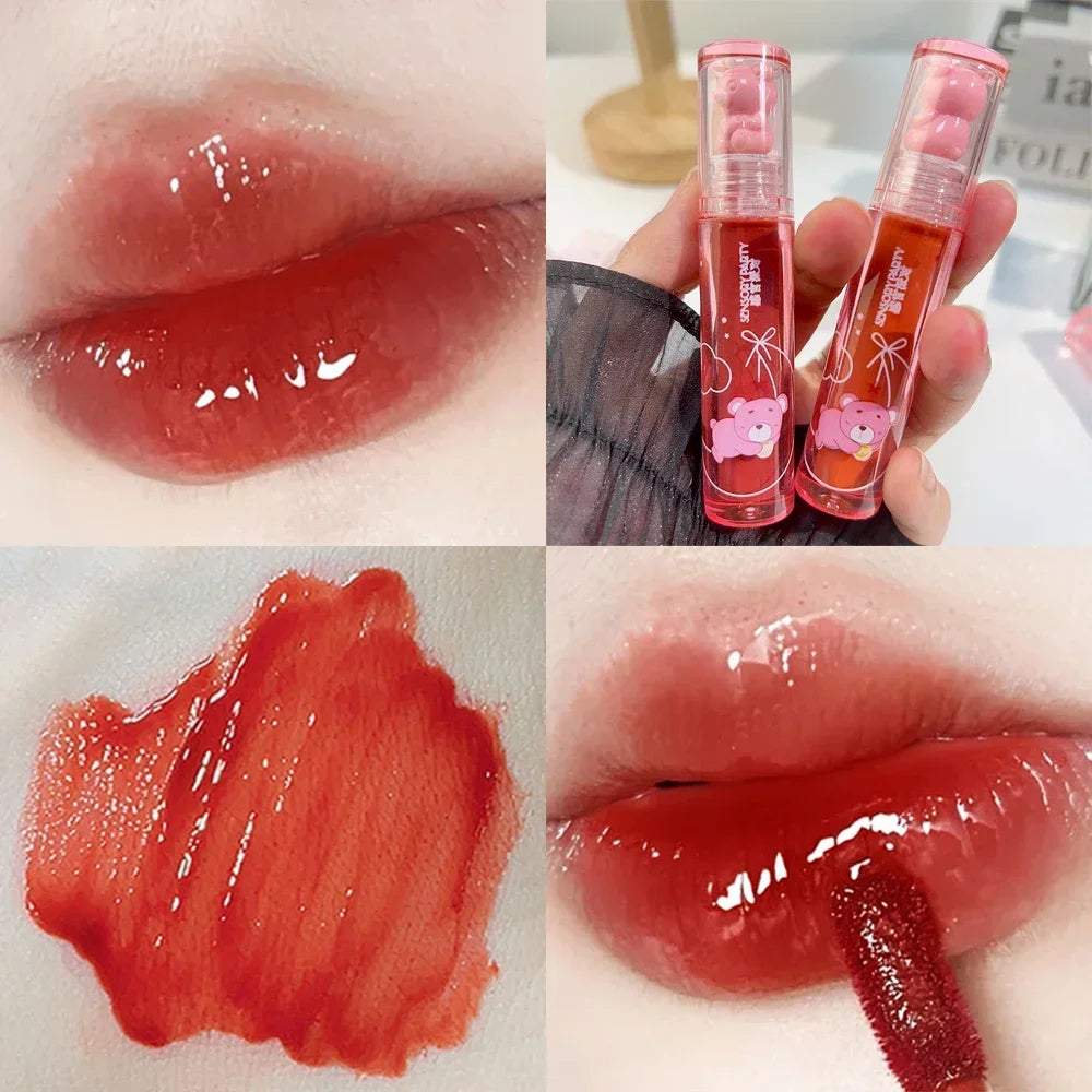 Cute Pink Bear Water Light Lip Gloss Lasting Crystal Shine - LIPOXI