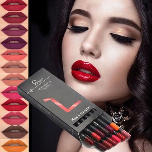 12Pcs/Set Waterproof Pencil Lipstick Set Pen Matte Lip Liner - LIPOXI