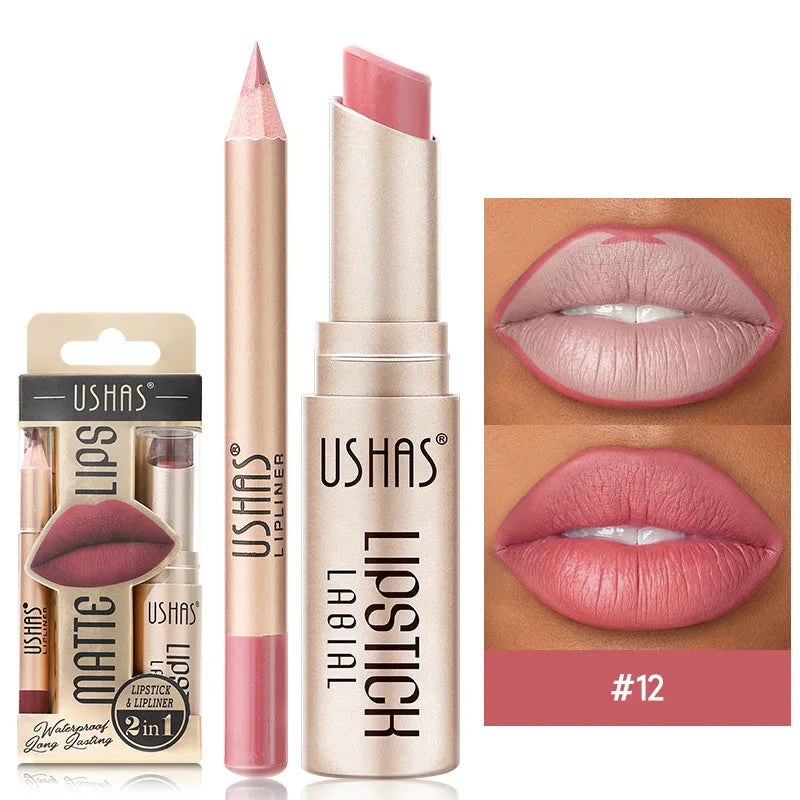 USHAS 12 Color Lip Liner + Lipstick Set Easy Coloring - LIPOXI