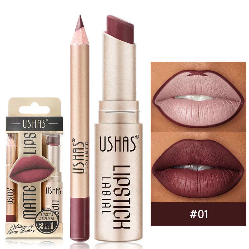 USHAS 12 Color Lip Liner + Lipstick Set Easy Coloring - LIPOXI