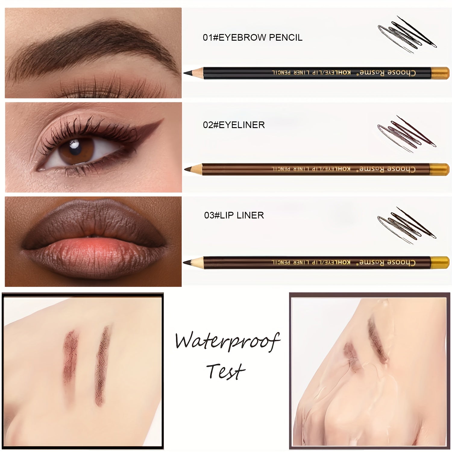 3-Color Long-Lasting Makeup Pencil Set - LIPOXI